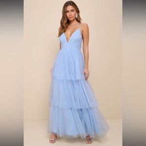 Lulu’s Light Blue Charming Glamour Tulle Sleeveless Tiered Maxi Dress NWOT S